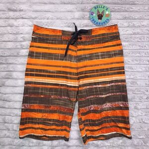 Prana Swim Trunks Men's Sz 30 Cayenne Stripe Sediment Board Shorts Orange 50 UPF